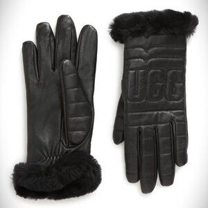 UGG Logo Quilted Leather & Genuine Shearling Gloves Size M